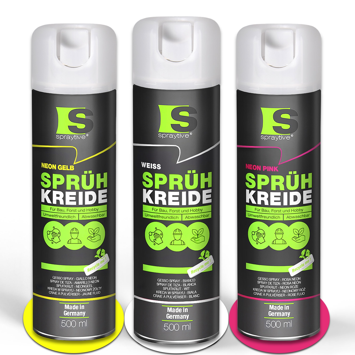 3 × 500 ml Sprühkreide Set – Weiß, Neon-Gelb + Neon-Pink – Abwaschbare, hell strahlende Kreidefarbe mit hoher Deckkraft