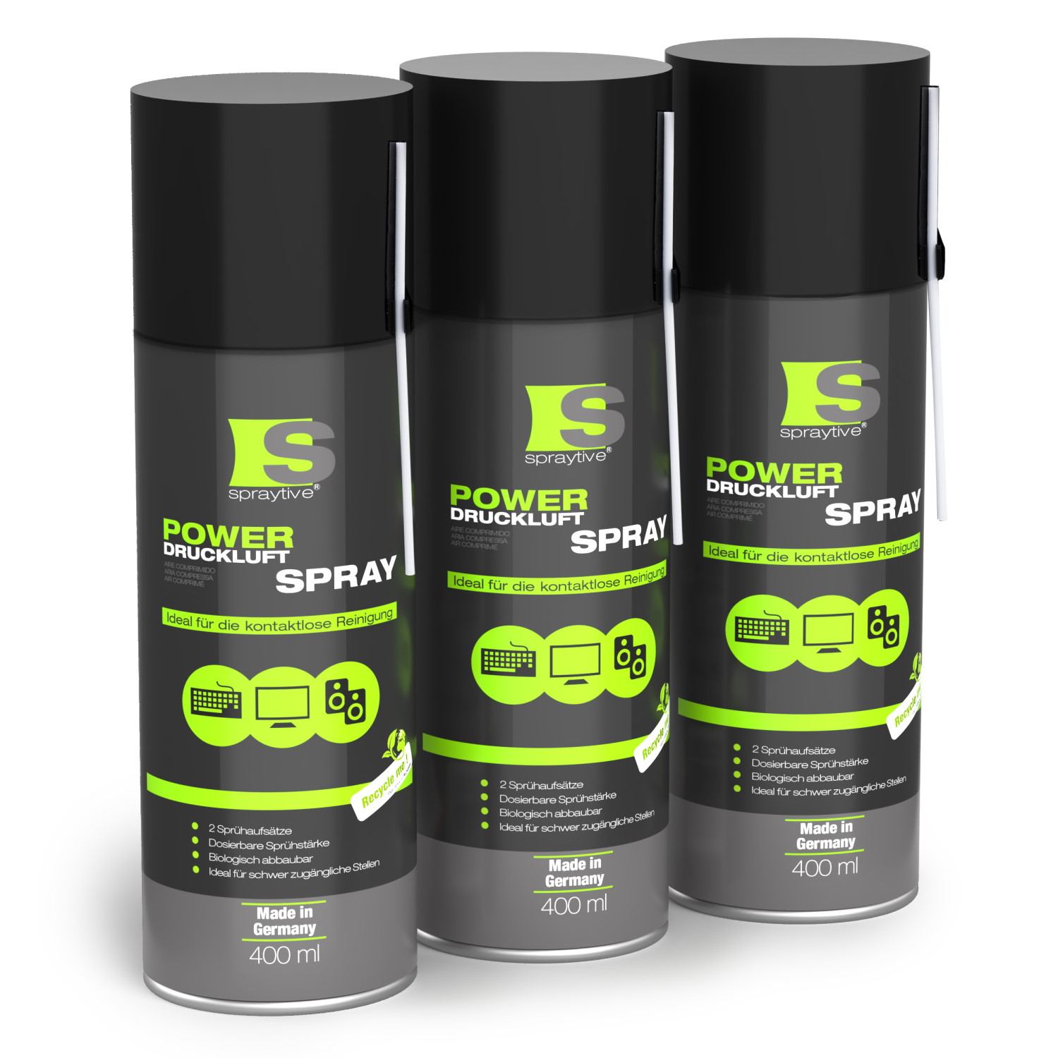 Spraytive 3 x 400ml Druckluftspray - Druckluftreiniger / Luftdruckspray für Tastatur, PC & Co.